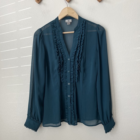 Gorgeous dark green sheer womens ruffle front blouse‎ M secretary Worthington - Picture 1 of 8